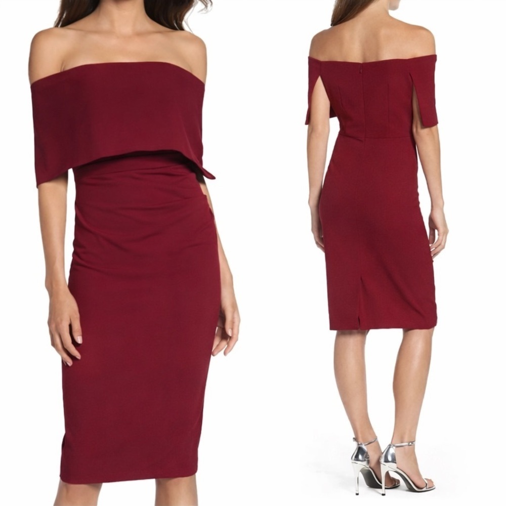 Vince Camuto Off Shoulder Ruched Sheath Cocktail Dress Dark Red NWT Size 2
